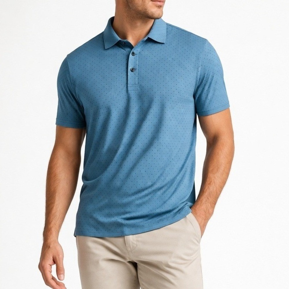 Mizzen+Main Polo Shirt Mens Medium Blue Polka Dot Performance Trim Fit Short Sl